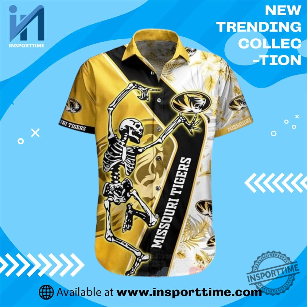 "Ultimate Fan Gear: MLB and WWE T-Shirts Every Devotee Needs" 7 Ncaa Missouri Tigers Skeleton Gold Black Hawaiian Shirt